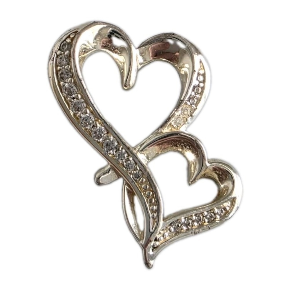 Vintage Sisters Double Heart Pendant Silver Tone Rhinestone Necklace Charm